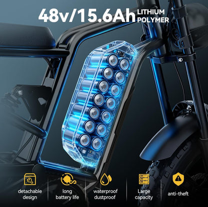 Kanpe 20" * 4" Electric Bikes for Adults,Hidoes B6 Road Bike Electric Mountain Bike with 48V 15.6Ah Removable Battery, 80KM Range,7-Speed,LCD Display,Fat Tyre E-bike with Dual Suspension