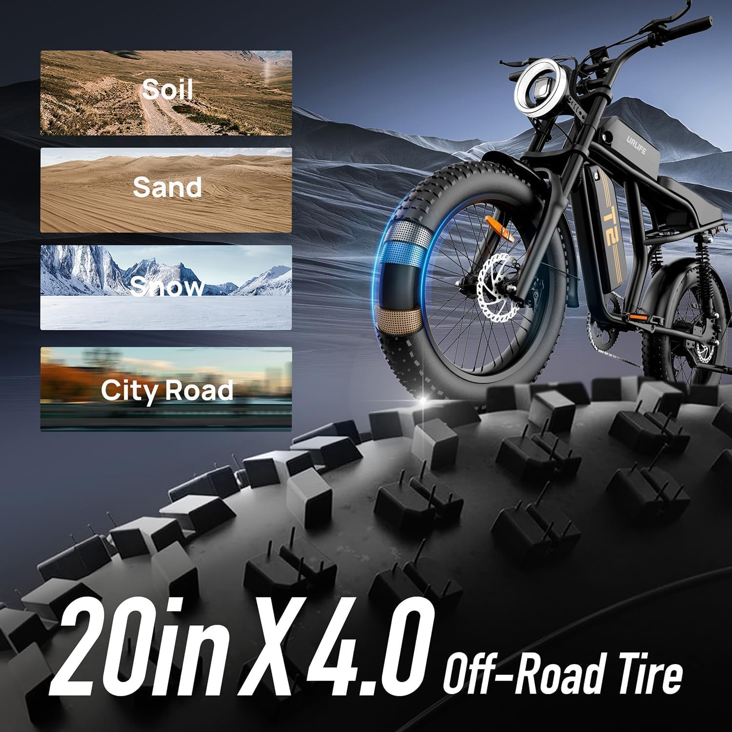 URLIFE 20" * 4 Electric Bikes for Adults, Electric Mountain Bike with 48V 15.6Ah Removable Battery, 80 miles Range per Charge, 7-Speed, LCD Display, All-Terrain E-MTB with Dual Suspension