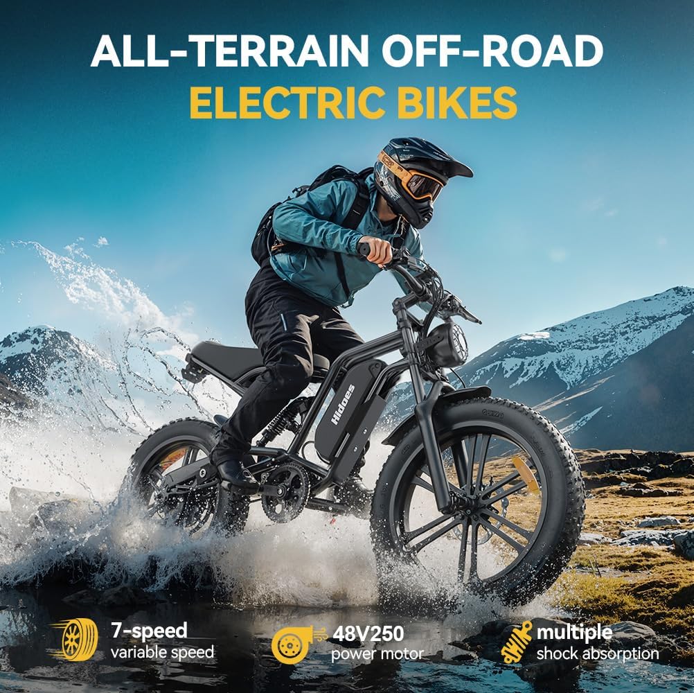 Kanpe 20" * 4" Electric Bikes for Adults,Hidoes B6 Road Bike Electric Mountain Bike with 48V 15.6Ah Removable Battery, 80KM Range,7-Speed,LCD Display,Fat Tyre E-bike with Dual Suspension
