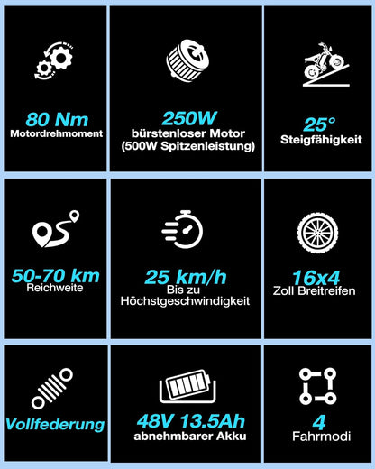 Bodywel M16 Fat Tire Electric Bike For Adult, 48V 13.5AH Removable Battery, 250W Brushless Motor, LCD Display, Dual Suspension, Disc Brakes, Headlight, Indicators for All Terrain